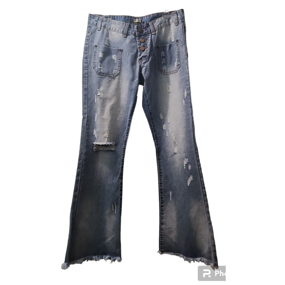 Top Trends Denim Flare Jeans Distressed Frayed Hem Button Fly‎ Light Wash 32